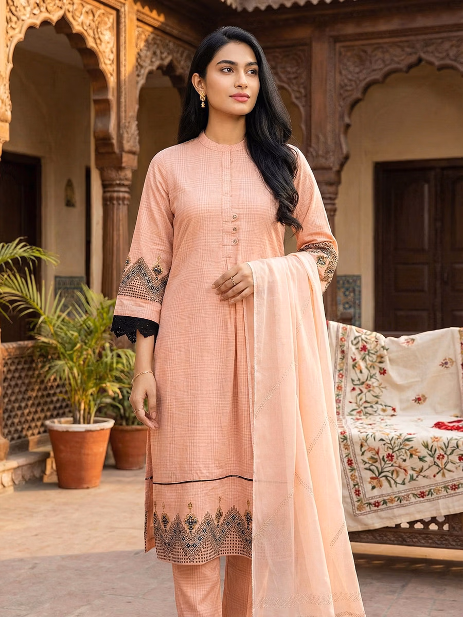 Peach Textured Cotton Kurti with Geometric Embroidery
