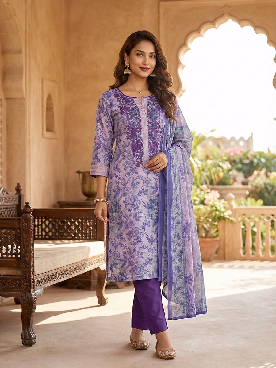 Lavender Floral Printed Lawn Suit with Embroidered Neckline